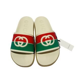 Gucci Slide Size 37/ US 7 Interlocking GG Logo Ivory Green Red Rubber NIB $420